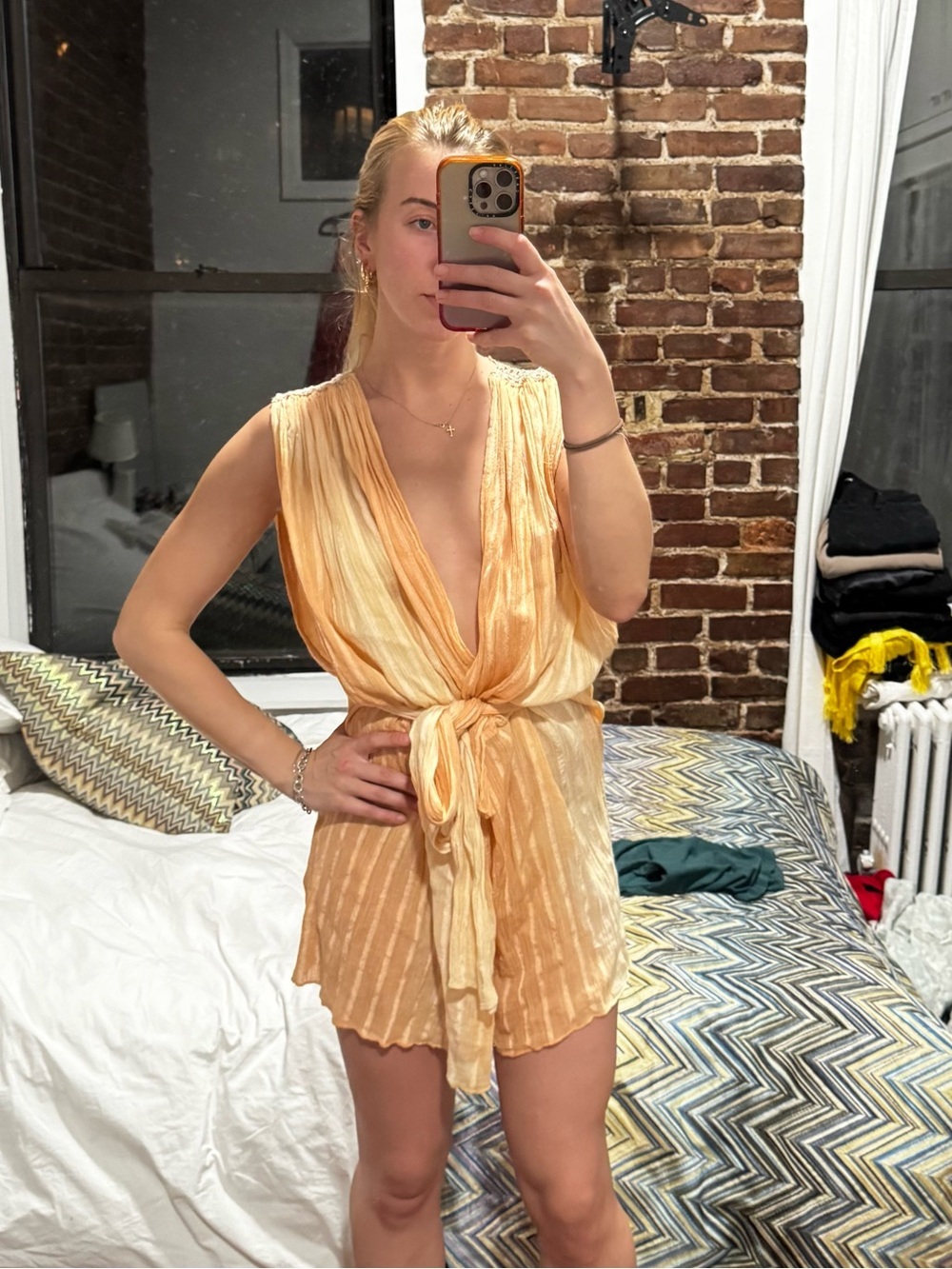 Free People Peach Satin Tie-Waist Romper